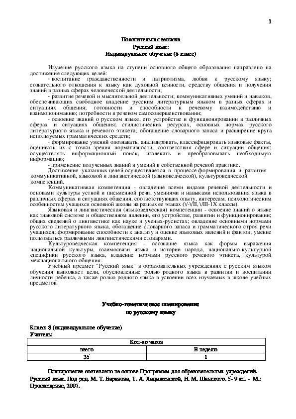 Рабочая программа по русскому языку: индивидуальное обучение. 8 класс
