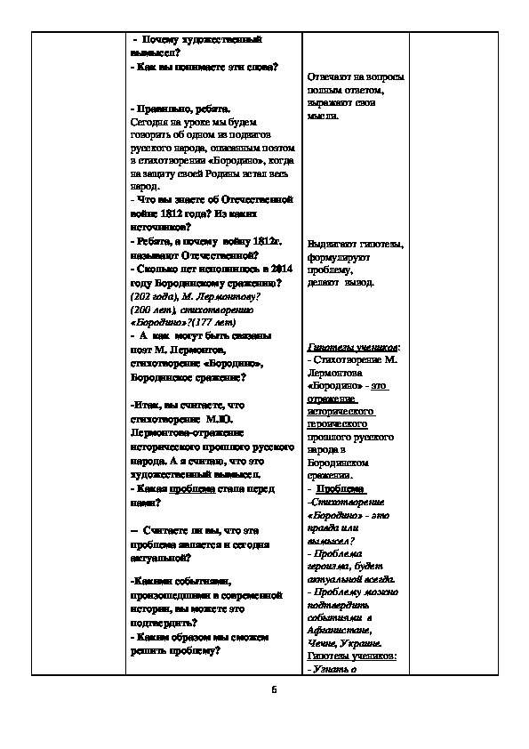 УРОК литературы в 5 классе "Анализ стихотворения М. Лермонтова "Бородино"