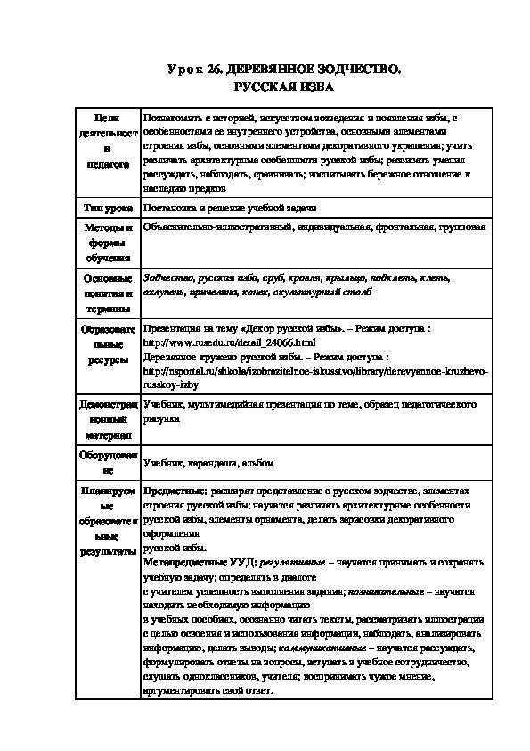 Конспект урока ДЕРЕВЯННОЕ ЗОДЧЕСТВО. РУССКАЯ ИЗБА (ИЗО, 5 кл)