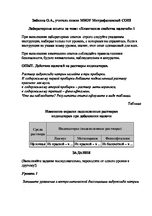 Обложка для материала Лабораторные опыты по теме: «Химические свойства щелочей»-1