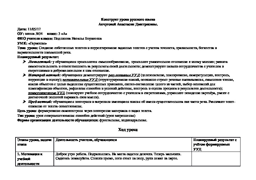 Конструкт урока русского языка на тему "Создание собственных текстов и корректирование заданных текстов с учетом точности, правильности, богатства и выразительности письменной речи"