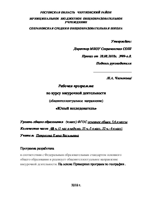 Рабочая программа по курсу внеурочной деятельности (общеинтеллектуальное  направление) «Юный исследователь»