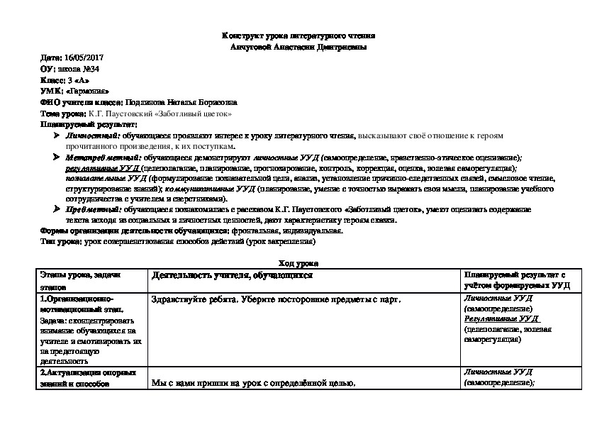 Конструкт урока литературного чтения на тему "К.Г. Паустовский "Заботливый цветок"