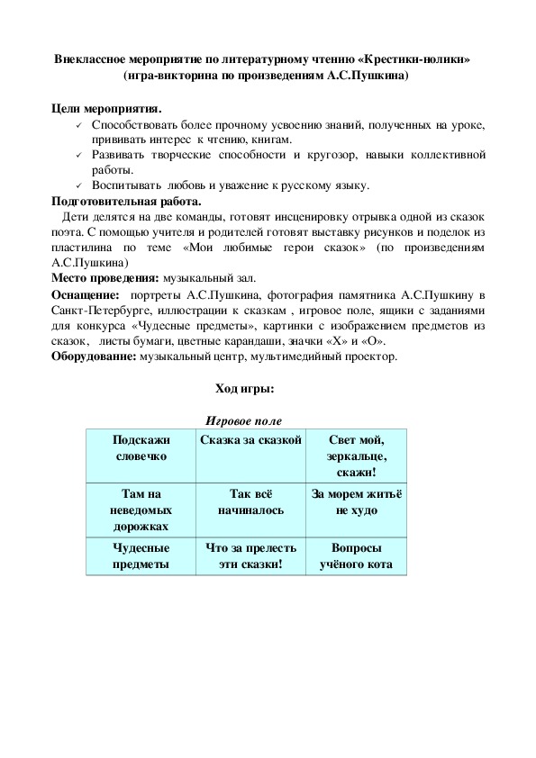 Внеклассное мероприятие по литературному чтению «Крестики-нолики"  (игра-викторина по произведениям А.С.Пушкина) 3 класс