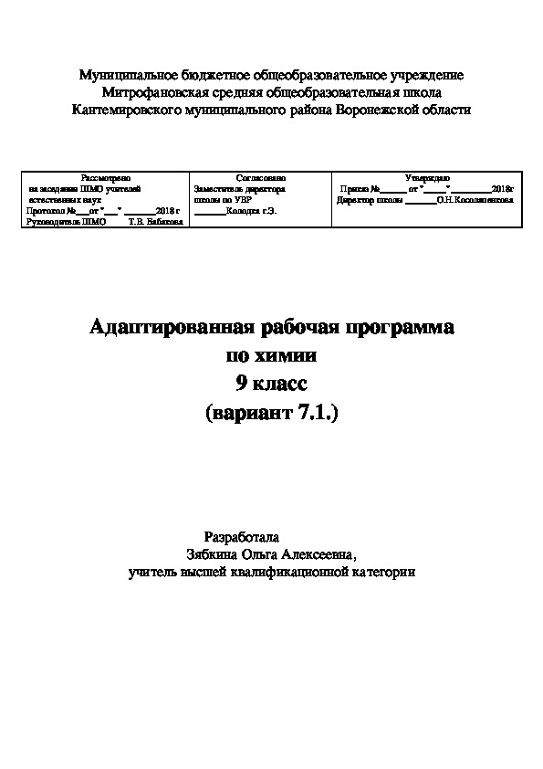 Обложка для материала Адаптированная рабочая программа по химии 9 класс (вариант 7.1.)