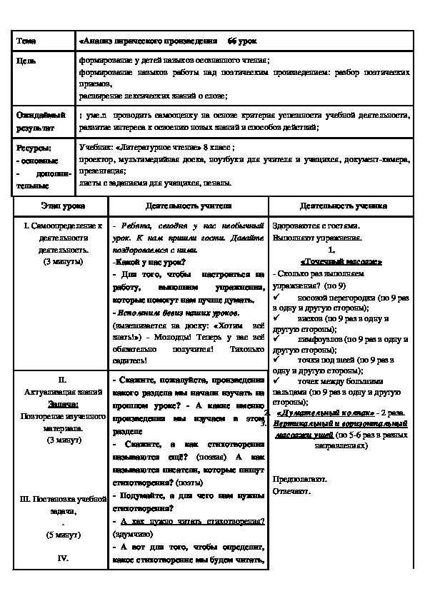 План анализа лирического произведения 9 класс по литературе