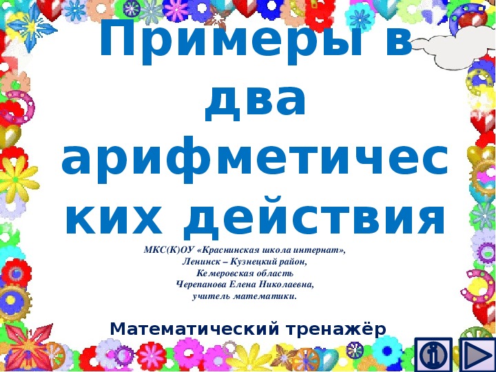 Обложка для материала Презентация по математике "Примеры в два арифметических действия.  Математический тренажёр"