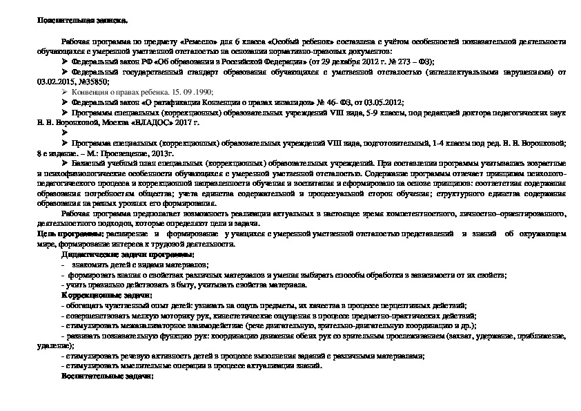 Адаптированная рабочая программа по предмету "Ремесло" 6 класс