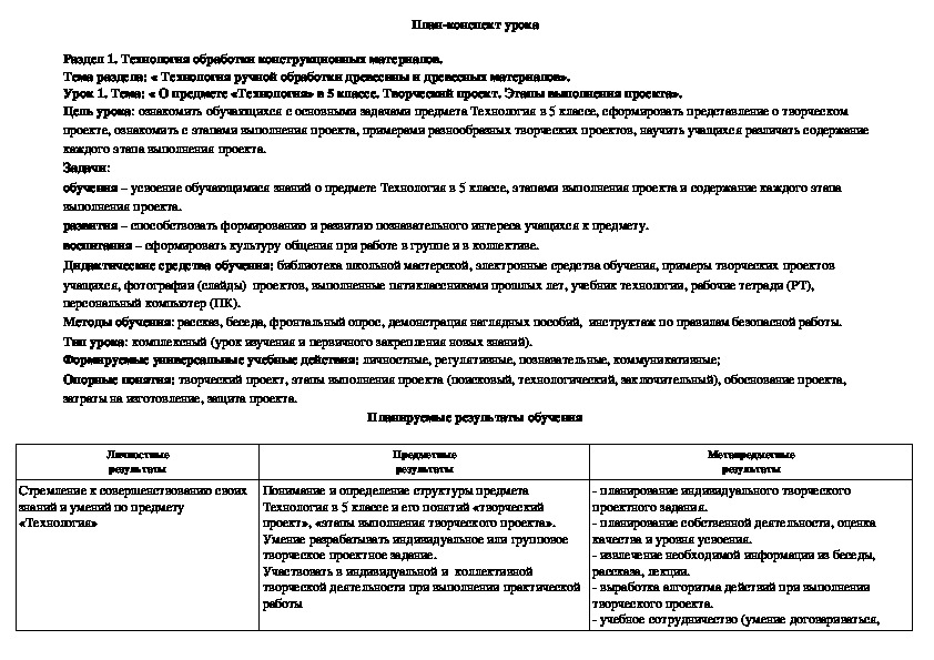 Урок 1. Тема: « О предмете «Технология» в 5 классе. Творческий проект. Этапы выполнения проекта».