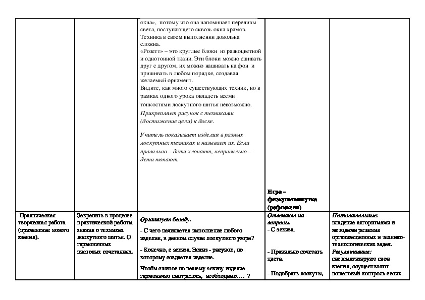 Технологическая карта лоскутного шитья