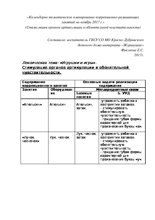 «Календарно¬ тематическое планирование коррекционно-развивающих занятий на ноябрь 2017 г.» (Стимуляция органов артикуляции и обонятельной чувствительности)