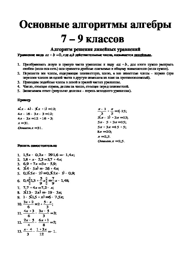 Основные алгоритмы алгебры 7 – 9 классов