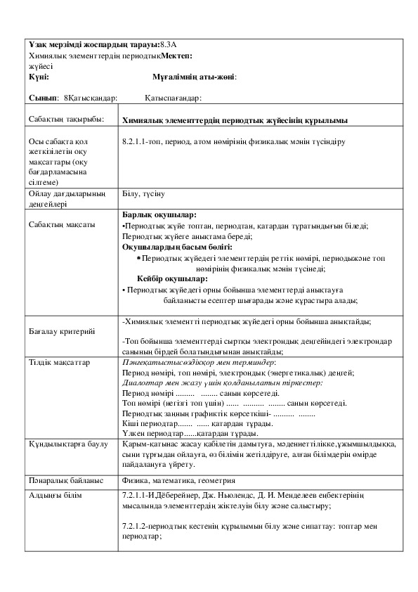 Урок на тему "Химиялық элементтердің периодтық жүйесінің құрылымы." ( Химия)