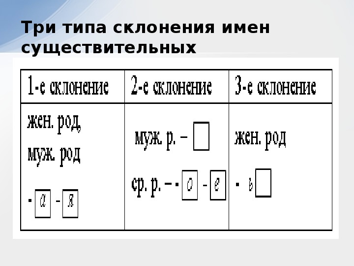 Таблица склонений имен существительных 4 класс. Типы склонения имен существительных.