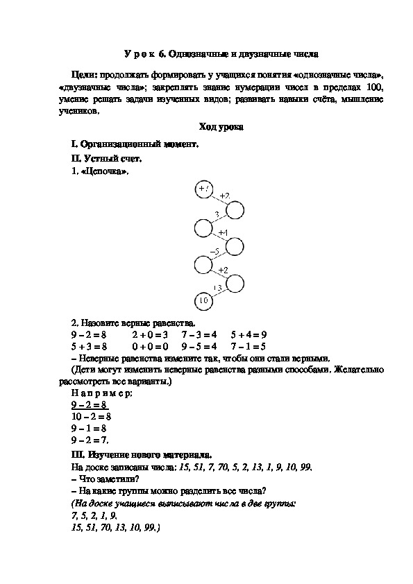 Конспект урока по математике "Однозначные и двузначные числа"(2 класс)