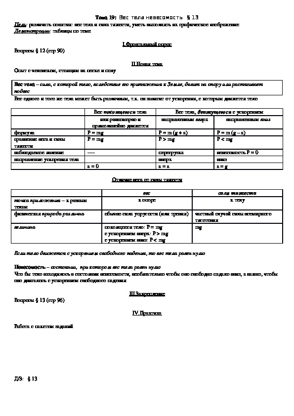 План - конспект урока "Тема 19: Вес тела невесомость" 10 класс