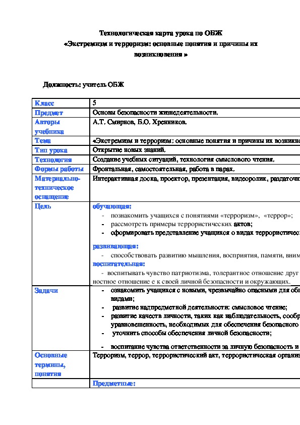 Технологическая карта урока по обж 9 класс