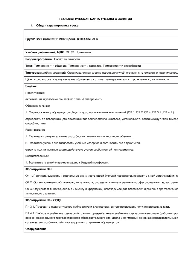 Обложка для материала Технологическая карта урока психологии по теме "Темперамент"
