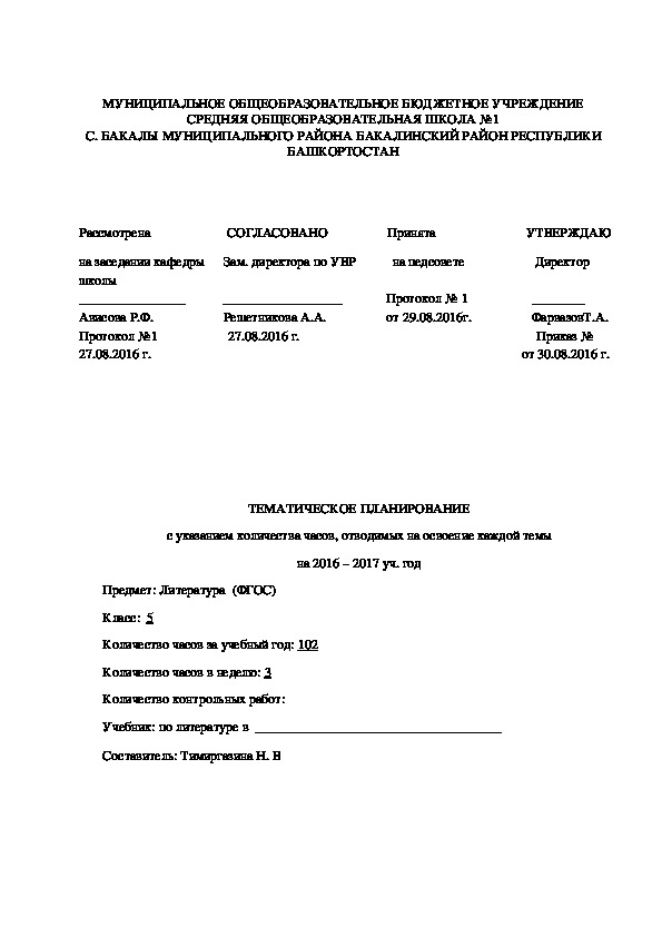 ТЕМАТИЧЕСКОЕ ПЛАНИРОВАНИЕ с указанием количества часов, отводимых на освоение каждой темы на 2016 – 2017 уч. год Предмет: Литература  (ФГОС) Класс:  5