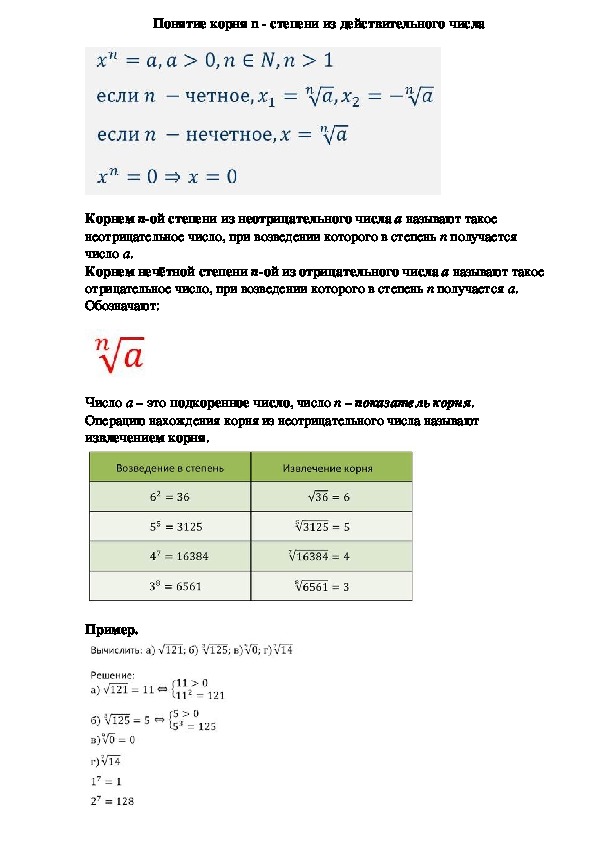 Опорный конспект по алгебре по теме «Понятие корня n - степени из действительного числа» (11 класс)