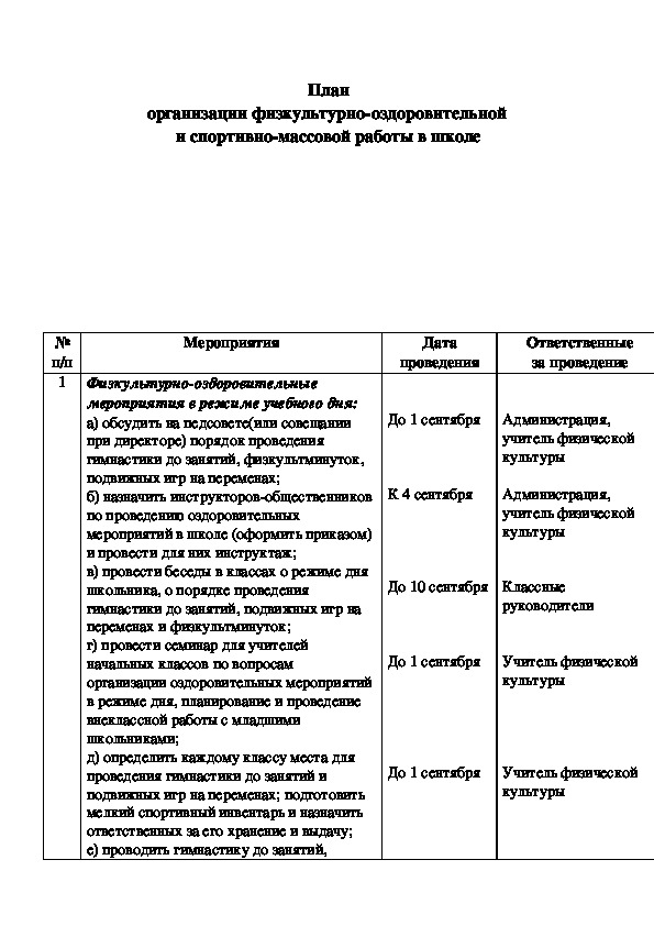 Обложка для материала План организации физкультурно-оздоровительной  и спортивно-массовой работы в школе