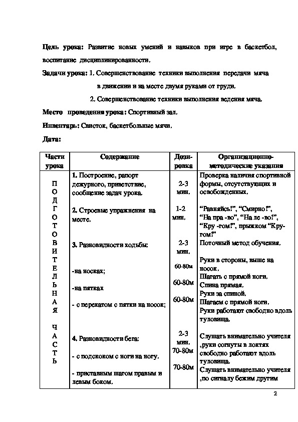 План урока по баскетболу