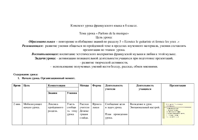 План конспект урока по французскому языку