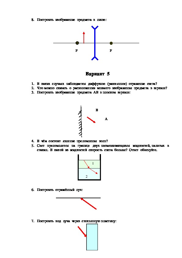 Проверочная работа по теме "Геометрическая оптика" (физика, 11 класс)