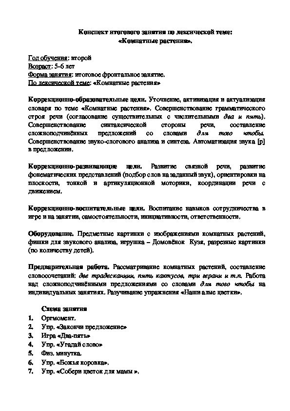 Конспект итогового занятия по лексической теме: «Комнатные растения».