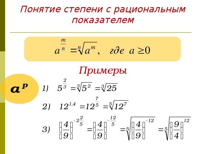 Записать в виде корня. Степень с рациональным дробным показателем определяется равенством. Определение степени с рациональным показателем примеры решения. Степень с рациональным показателем 10 класс презентация. Сформулируйте понятие степени с рациональным показателем..