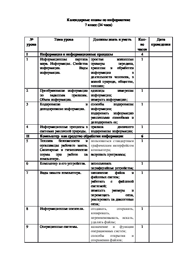 Календарный план по информатике (7 класс)