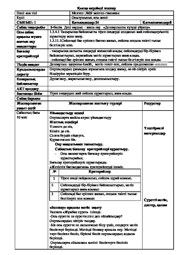 Обложка для материала Ана тілі 8-бөлім  Дені саудың – жаны сау   «Денсаулықты күтуді үйрену» (1 сынып,мана тілі)                          Астана қаласы №69 мектеп-гимназиясының бастауыш сынып мұғалімі Темиртаева Калдыкул Мейрамбековна