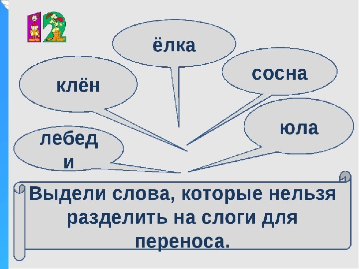 Раскрась зеленым карандашом части рисунка в которых слова нельзя разделить для переноса