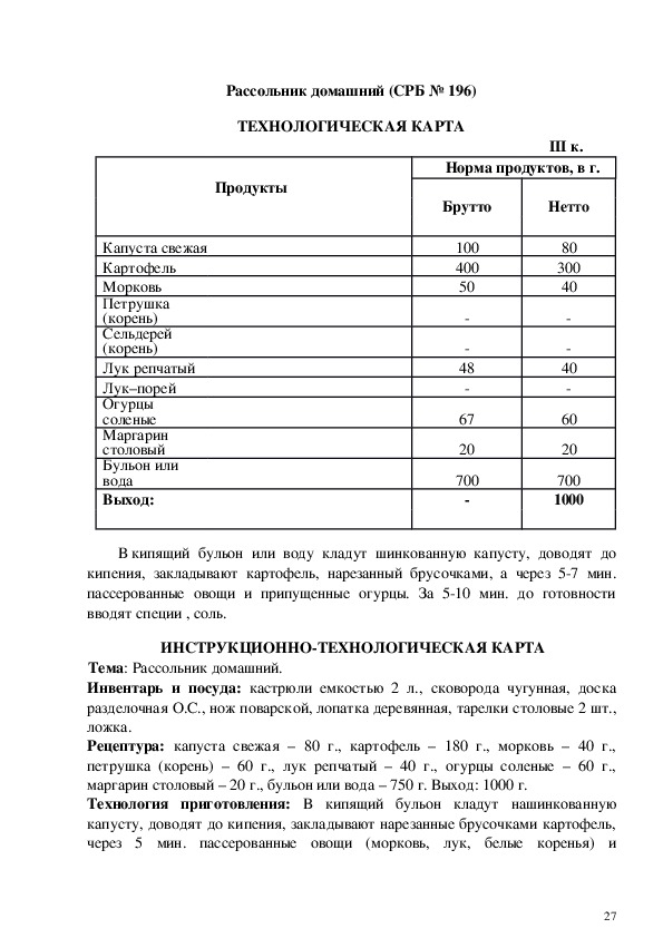 Технологическая карта на рассольник