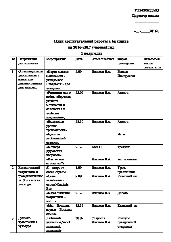 Воспитательный план на 1 полугодие