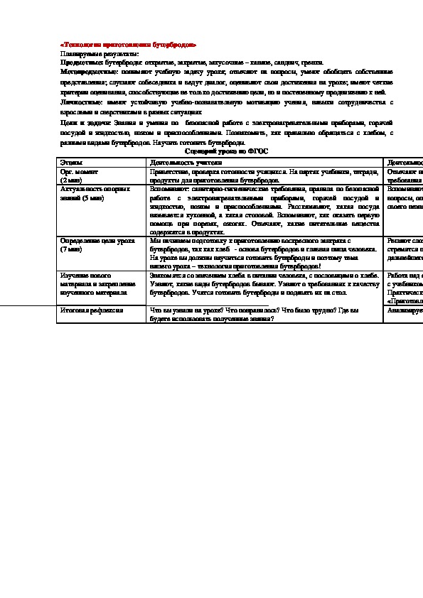 Урок по технологии 5 класс. «Технология приготовления бутербродов»