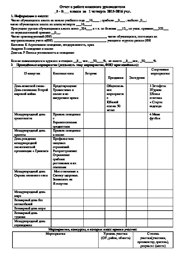 Отчет классного руководителя за 2 четверть образец