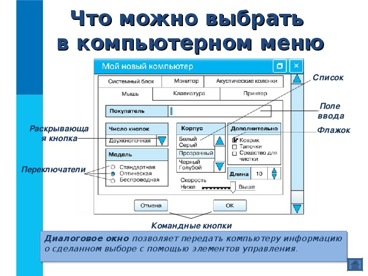 Управлять компьютером можно выбирая нужную команду из заранее заготовленных вариантов