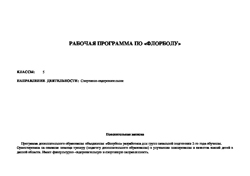 Обложка для материала РАБОЧАЯ ПРОГРАММА ПО «ФЛОРБОЛУ»