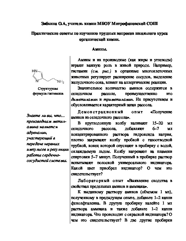 Обложка для материала Практические советы по изучению трудных вопросов школьного курса органической химии. Амины.