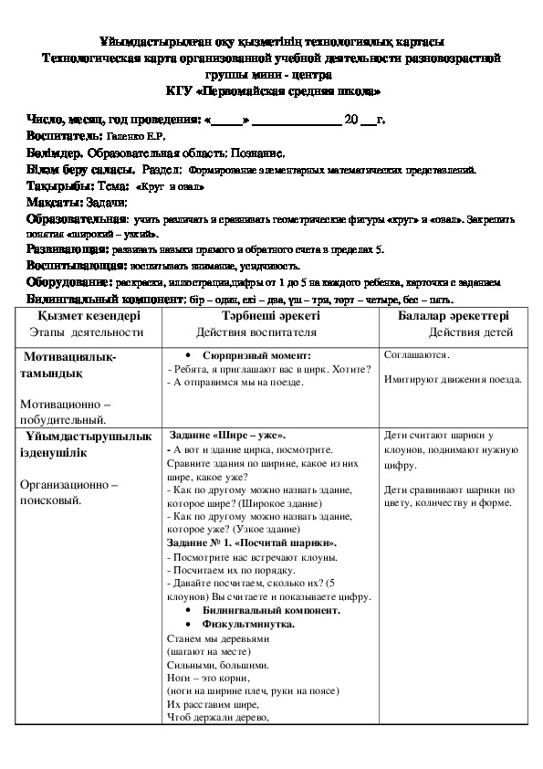 Ұйымдастырылған оқу қызметінің технологиялық картасы Технологическая карта организованной учебной деятельности разновозрастной группы мини - центра