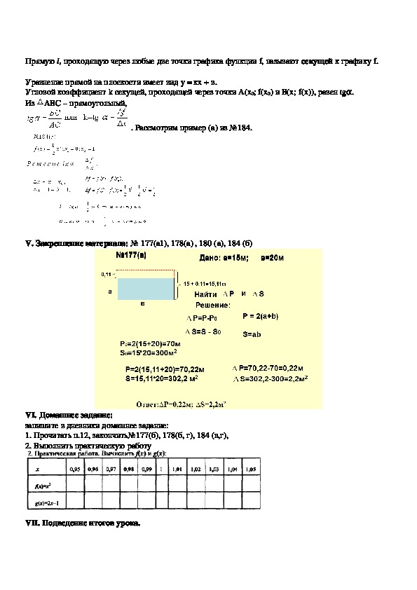 Тема урока «Приращение функции» (10 класс, алгебра)
