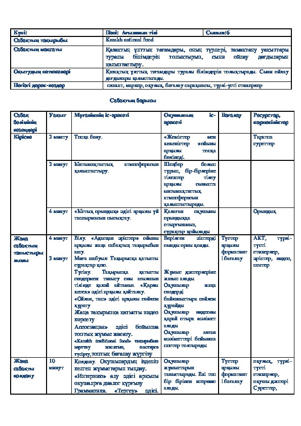 Разаботка урока на тему "National kitchen in Kazakhstan" 6 кл
