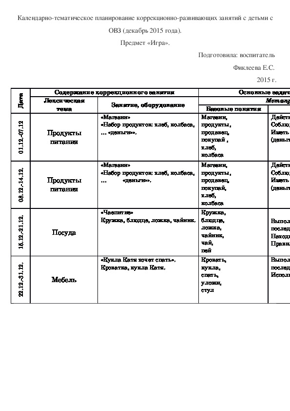 Календарно тематический план для детей с овз