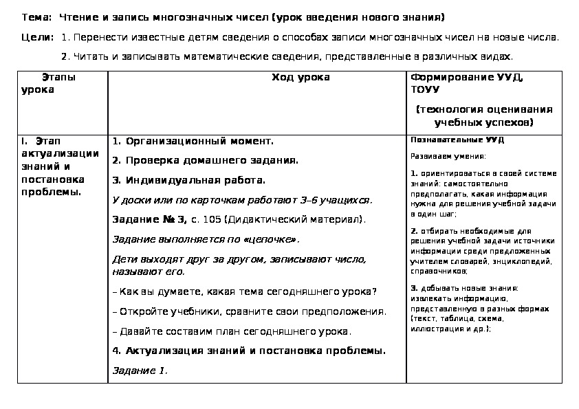 Конспект урока по математике на тему "Чтение и запись многозначных чисел"