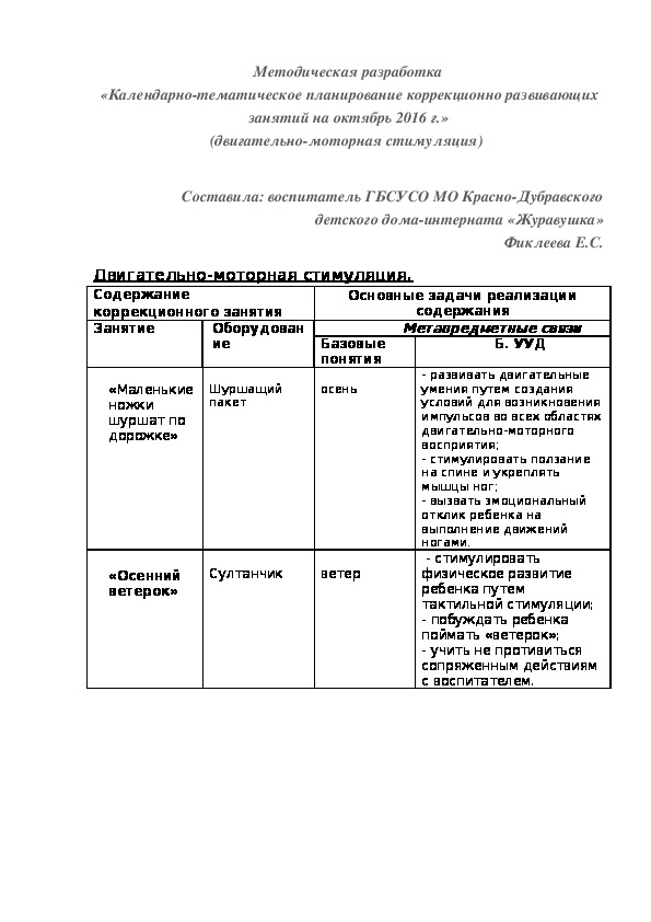 Методическая разработка «Календарно-тематическое планирование коррекционно¬ развивающих занятий на октябрь 2016 г.» (двигательно-моторная стимуляция)