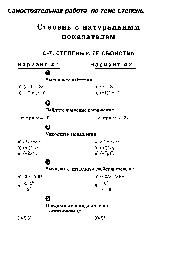 Самостоятельная работа по теме Степень