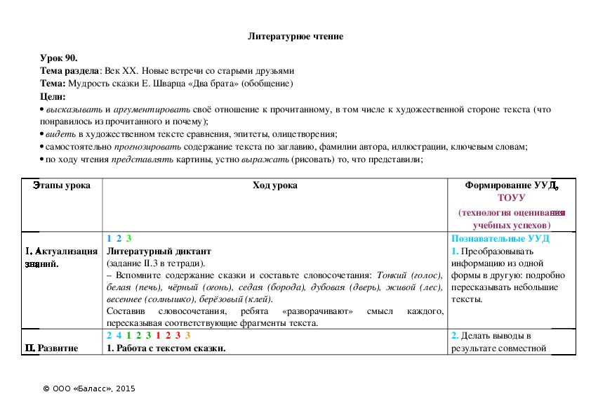 План сказки два брата шварц