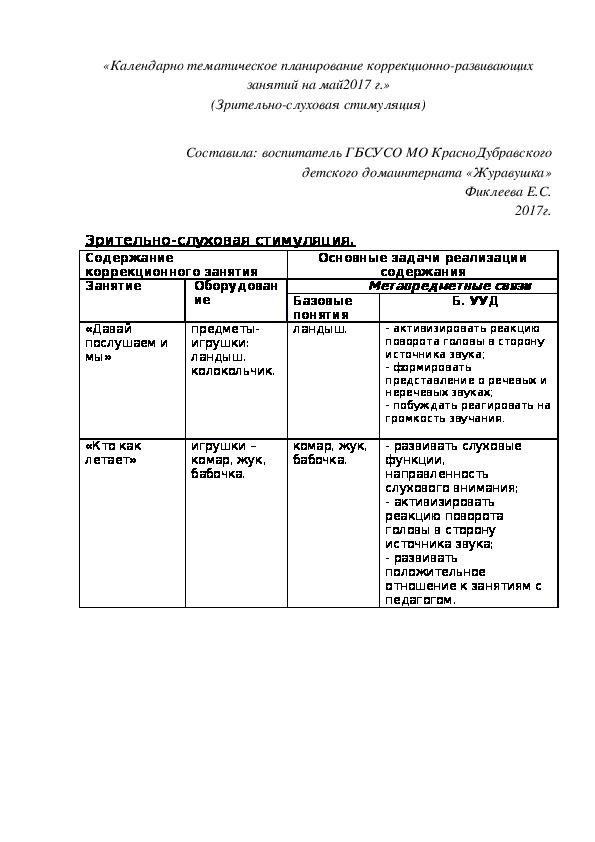 «Календарно¬ тематическое планирование коррекционно-развивающих занятий на май2017 г.» (Зрительно-слуховая стимуляция)