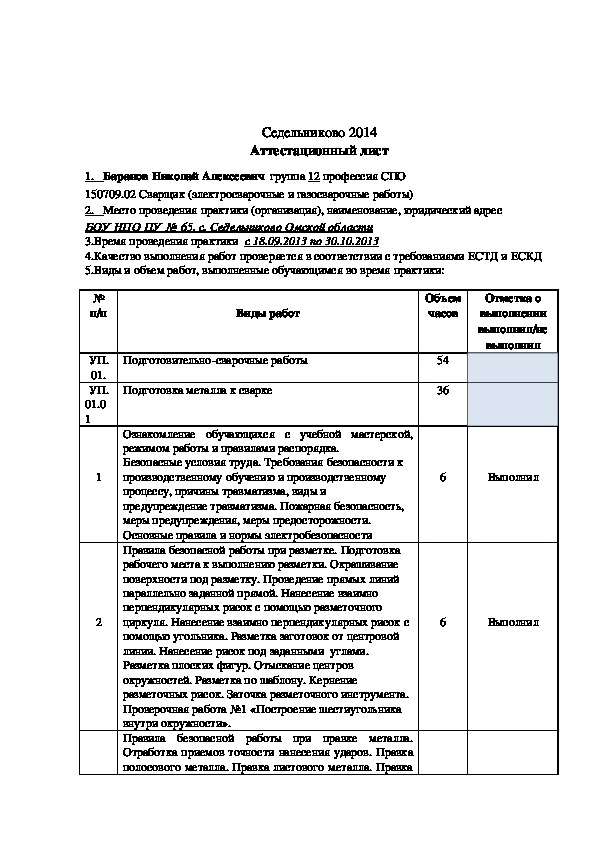 Аттестационный лист по учебной практике образец заполнения студента педагогического колледжа